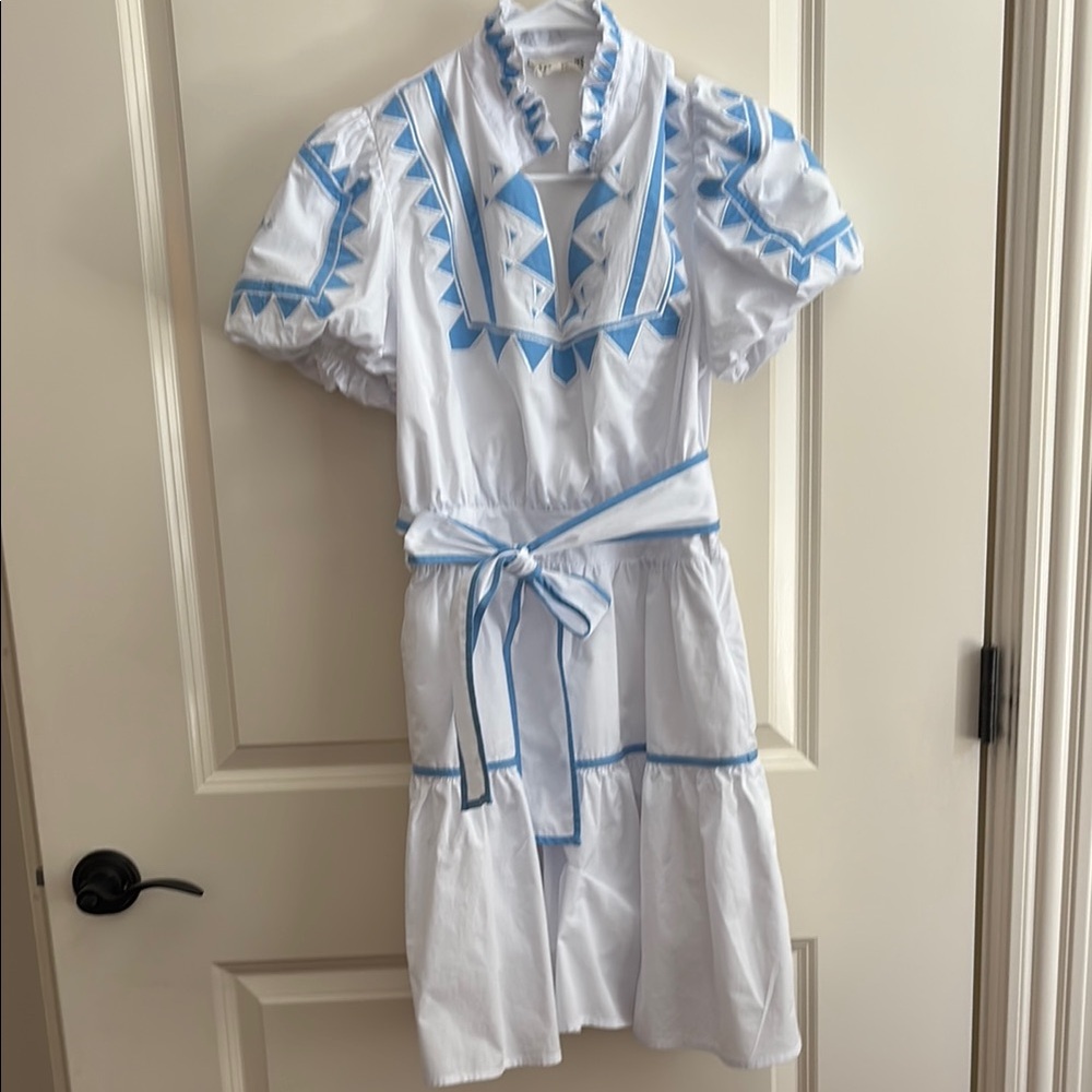 Tea n Cup White Dress with Blue Accents